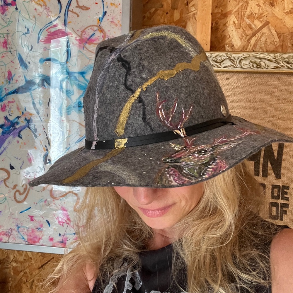 Hand painted Gray Hat w/ stag & gold, black